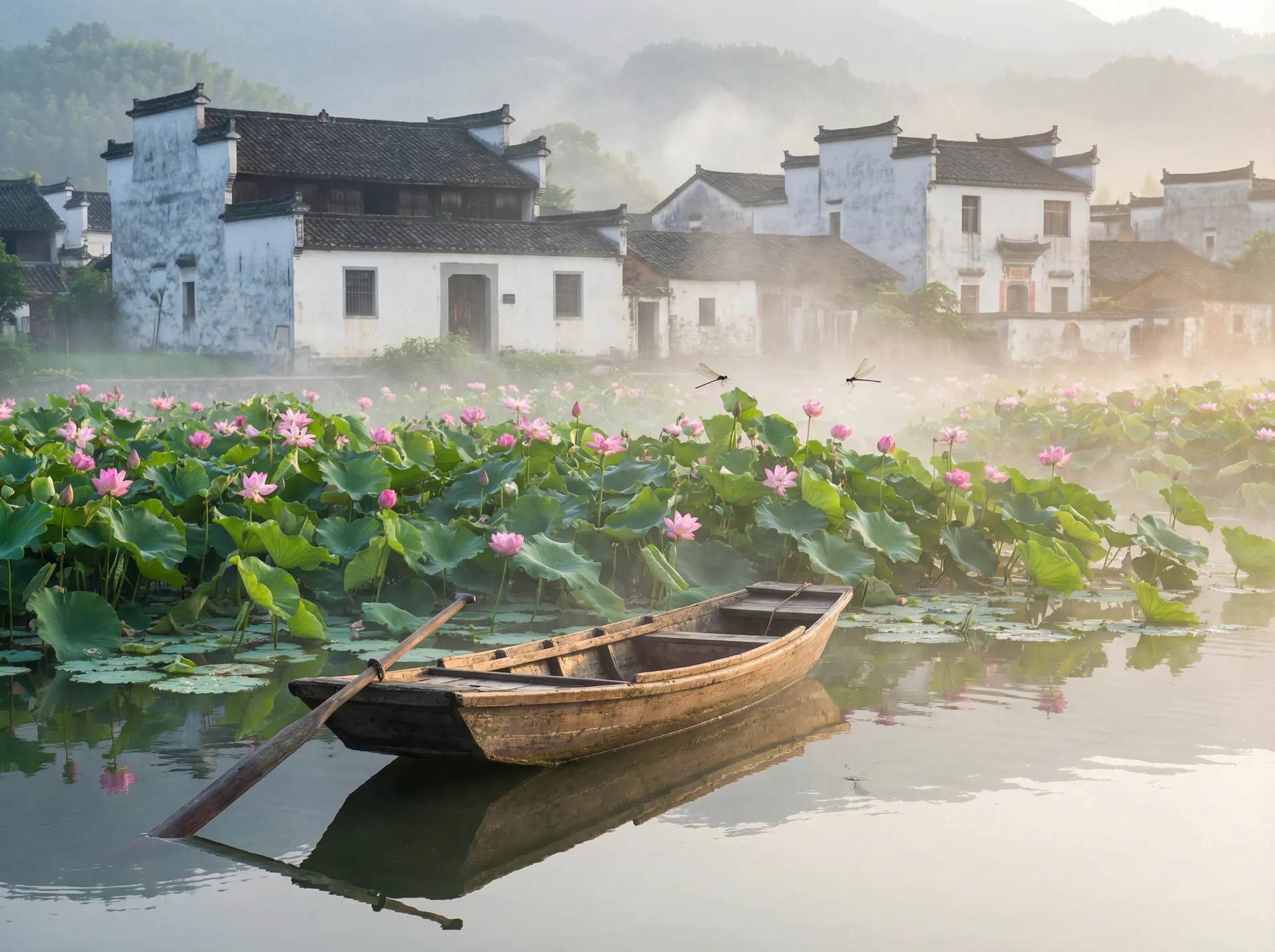 清晨荷塘小舟，粉色荷花盛开，白墙黑瓦的村庄 - 水菜丽qvod 水乡风情